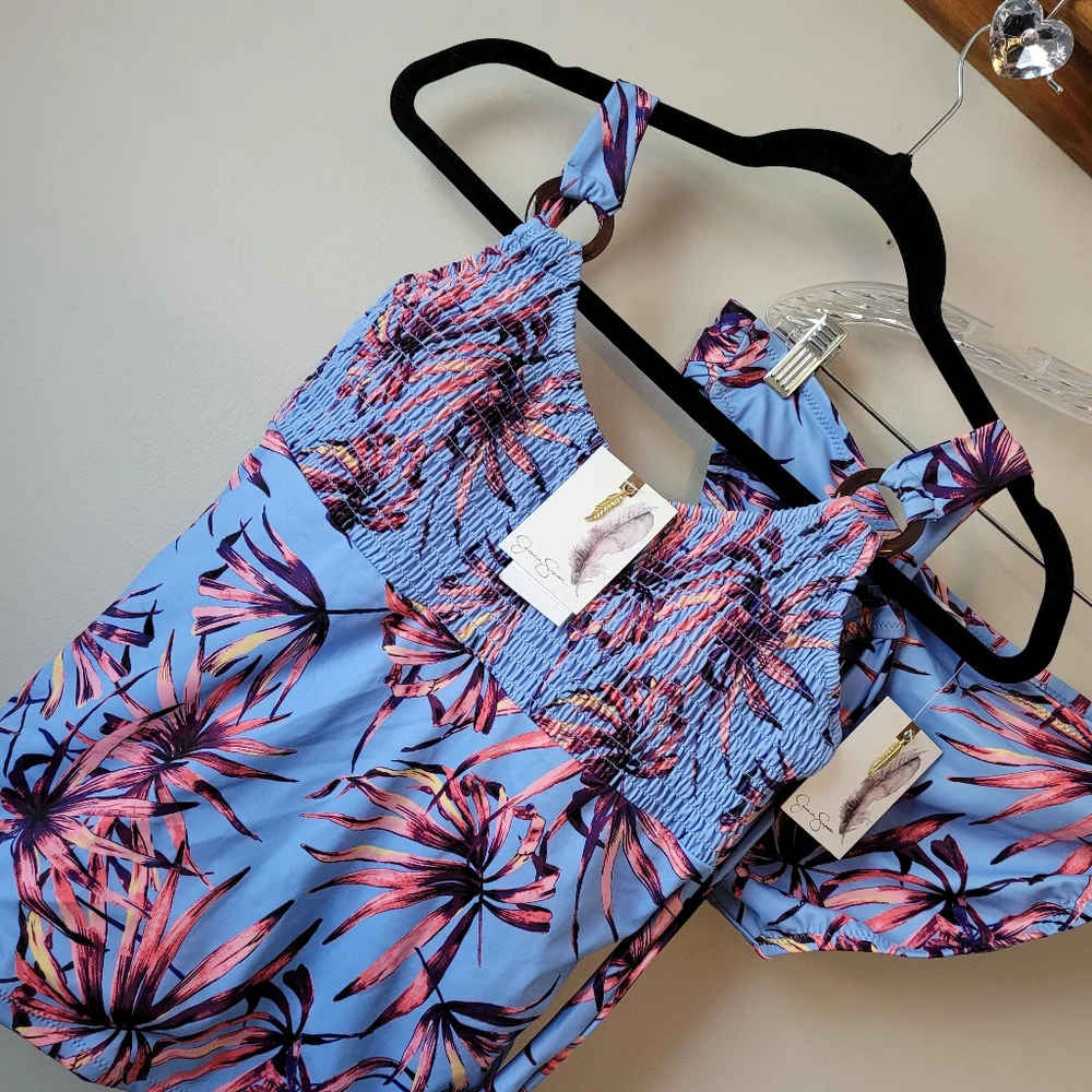 JESSICA SIMPSON  Smocked Tankini Swim Top & Matching Bikini Bottom Botanical XL - Picture 16 of 16